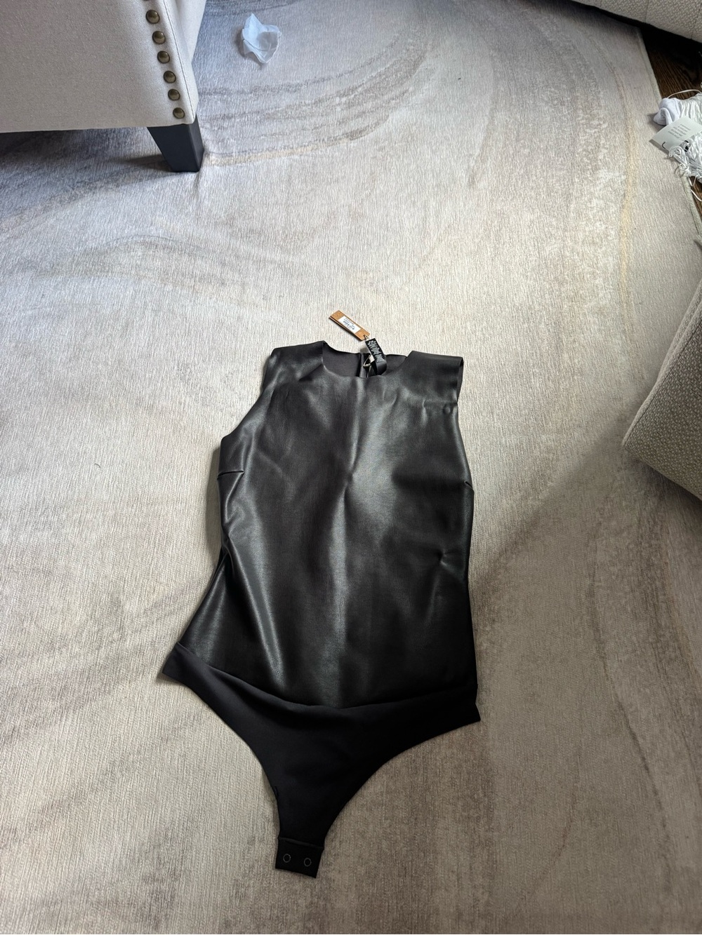 SKIMS Black Faux Leather Sleeveless High-Neck Bodysuit